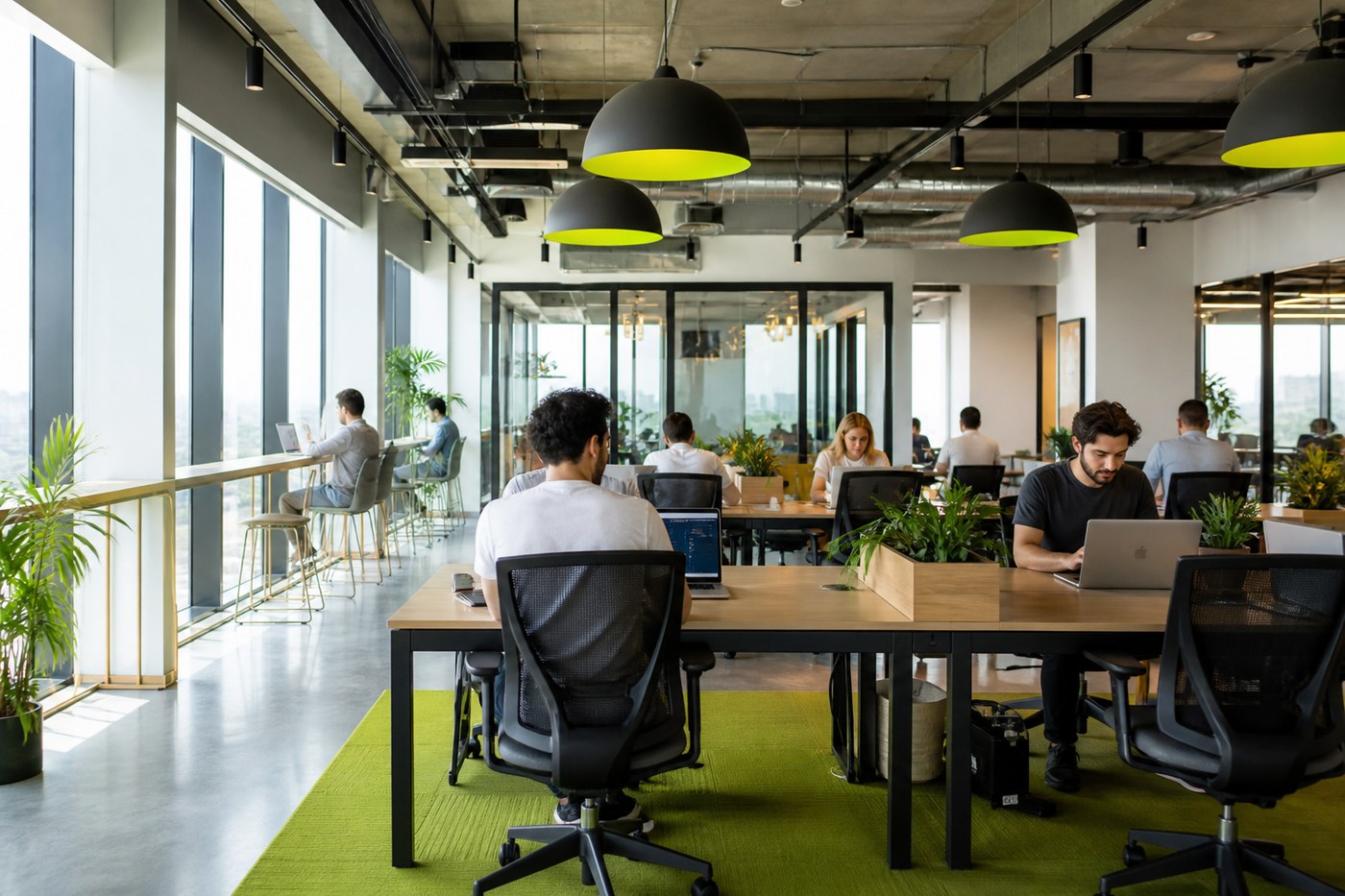 Hot desk area with standing desks and ergonomic seating